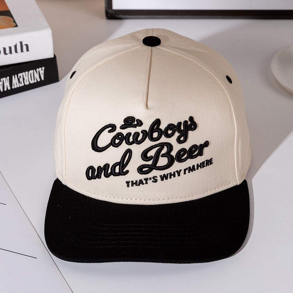 COWBOY AND BEER Message Embroidered Five Panel Canvas Snapback Baseball Cap - Madeline Love - Flyclothing LLC