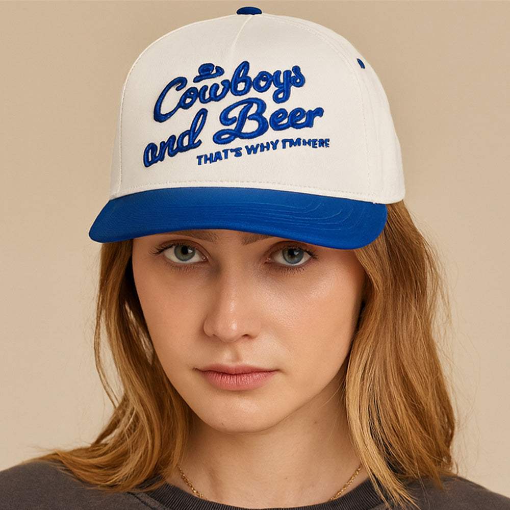 COWBOY AND BEER Message Embroidered Five Panel Canvas Snapback Baseball Cap - Madeline Love - Flyclothing LLC