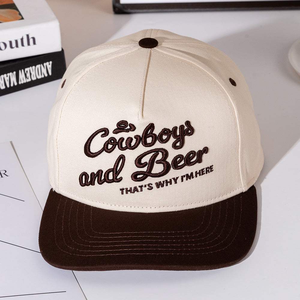 COWBOY AND BEER Message Embroidered Five Panel Canvas Snapback Baseball Cap - Madeline Love - Flyclothing LLC