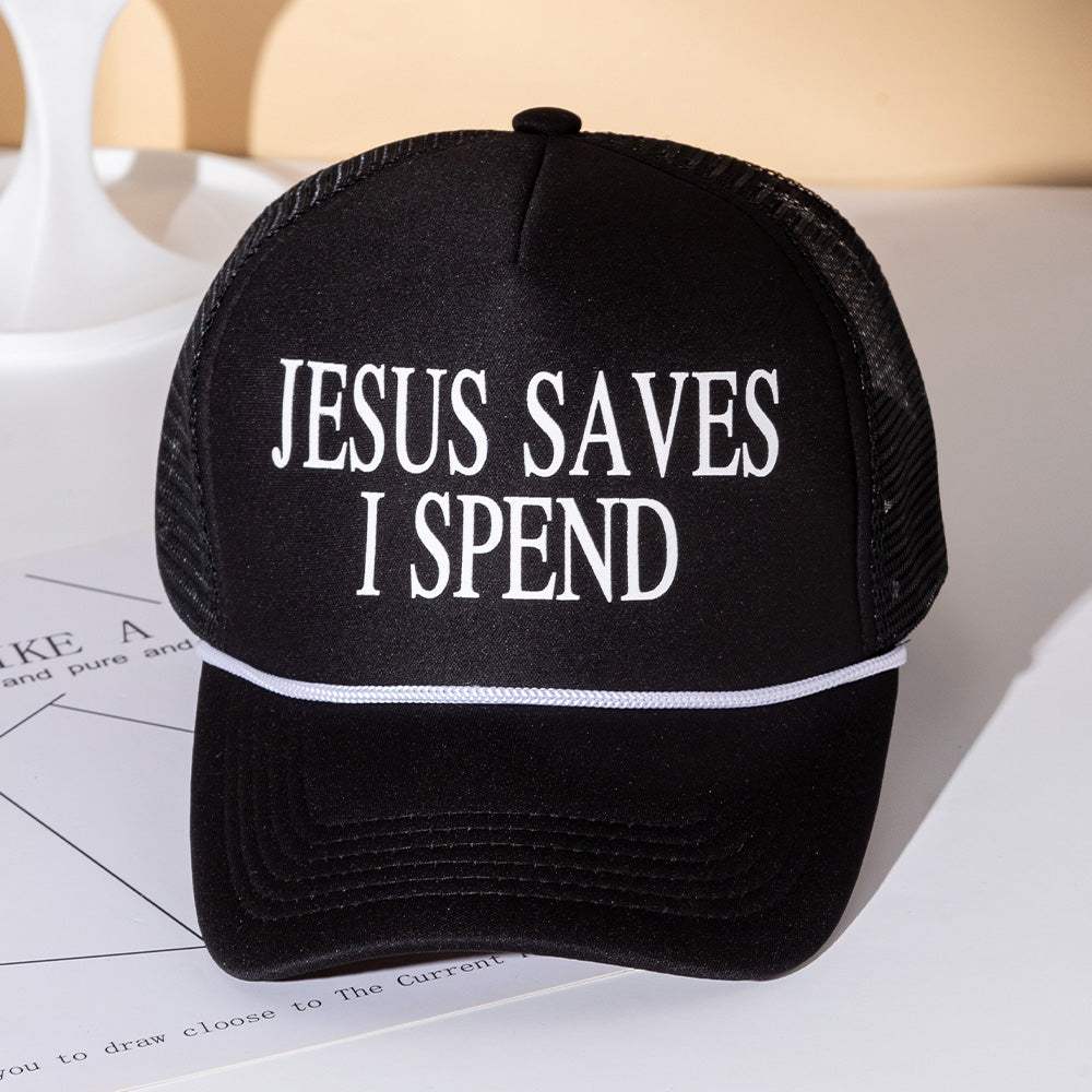 JESUS SAVES I SPEND Message Printed Five Panel Mesh Back Trucker Hat - Madeline Love - Flyclothing LLC