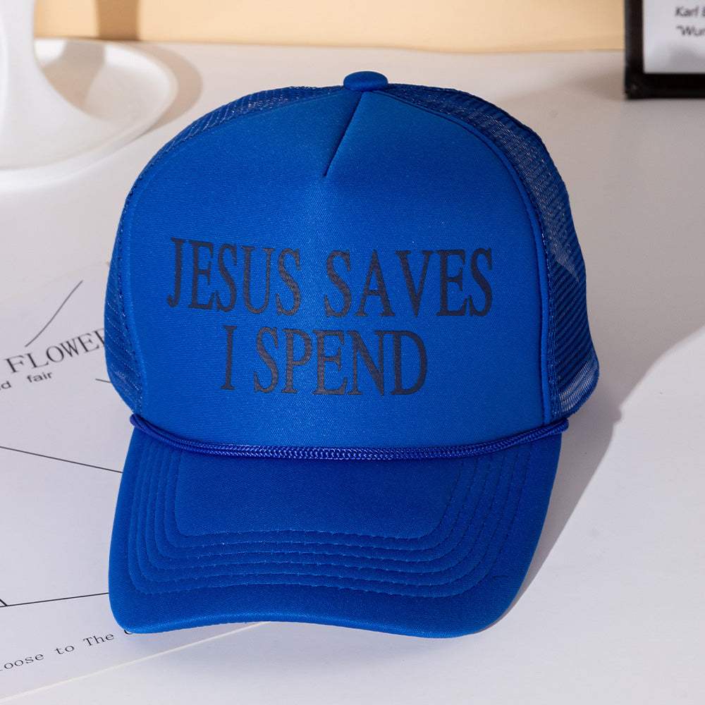 JESUS SAVES I SPEND Message Printed Five Panel Mesh Back Trucker Hat - Madeline Love - Flyclothing LLC
