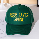 JESUS SAVES I SPEND Message Printed Five Panel Mesh Back Trucker Hat - Madeline Love - Flyclothing LLC