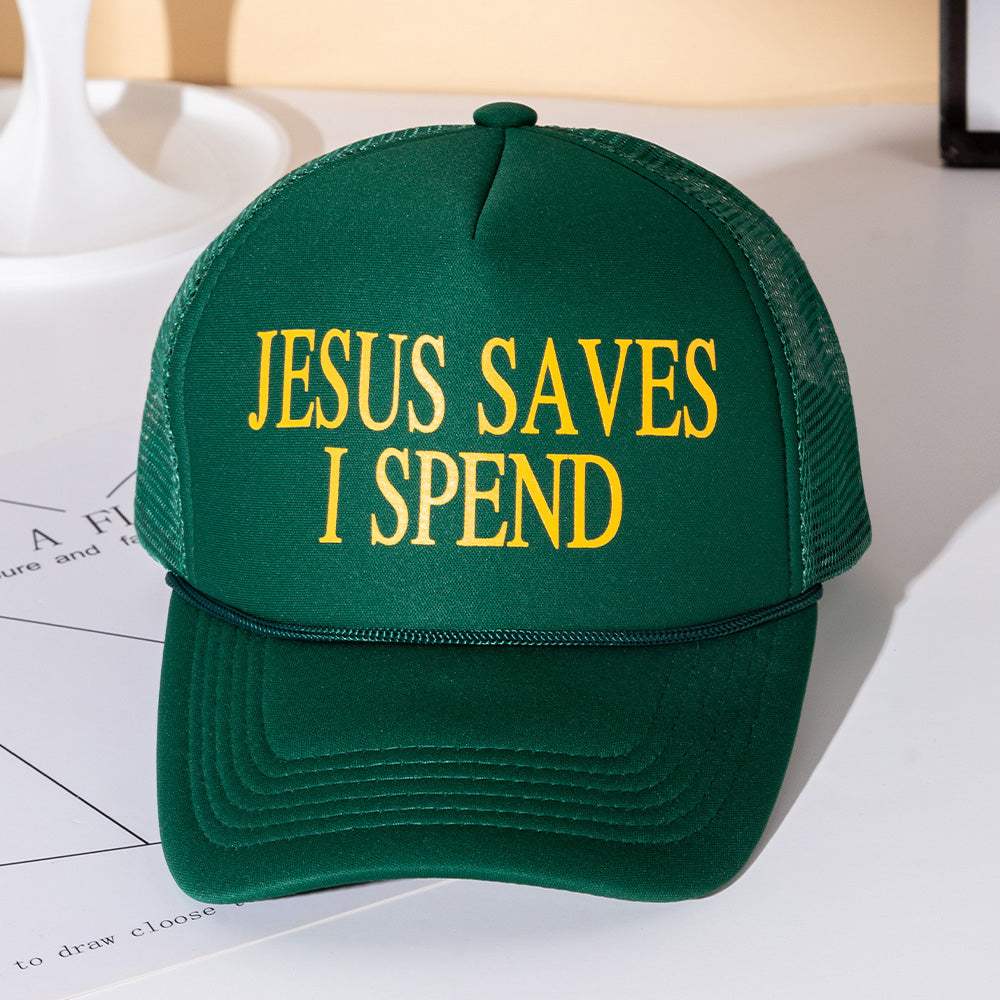 JESUS SAVES I SPEND Message Printed Five Panel Mesh Back Trucker Hat - Madeline Love - Flyclothing LLC