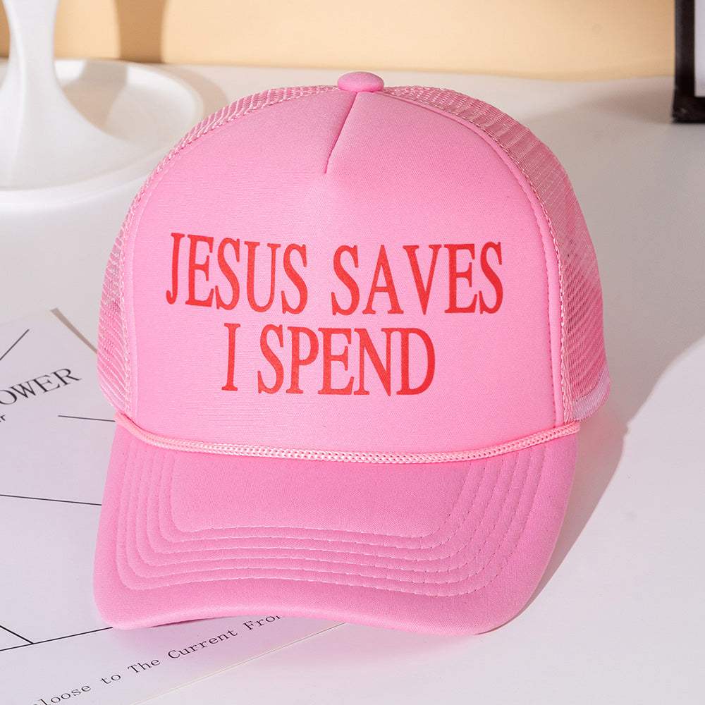 JESUS SAVES I SPEND Message Printed Five Panel Mesh Back Trucker Hat - Madeline Love - Flyclothing LLC