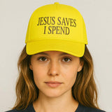 JESUS SAVES I SPEND Message Printed Five Panel Mesh Back Trucker Hat - Madeline Love - Flyclothing LLC