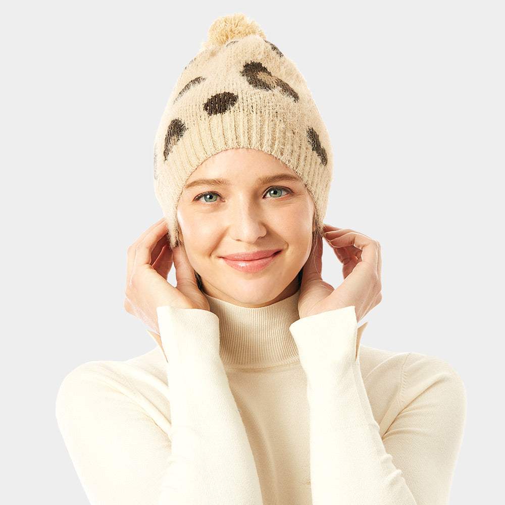 Soft Fuzzy Leopard Print Beanie Hat With Pom Pom - Madeline Love - Flyclothing LLC