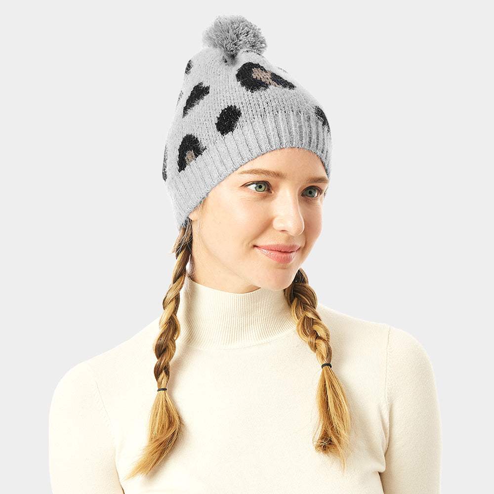 Soft Fuzzy Leopard Print Beanie Hat With Pom Pom - Madeline Love - Flyclothing LLC