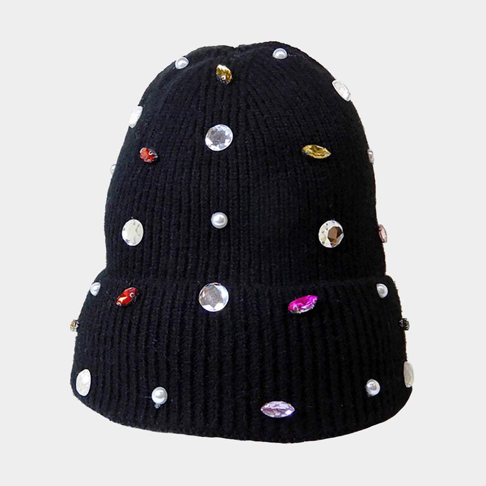 Pearl Jewel Embellished Fleece Lining Knit Beanie Hat - Madeline Love - Flyclothing LLC