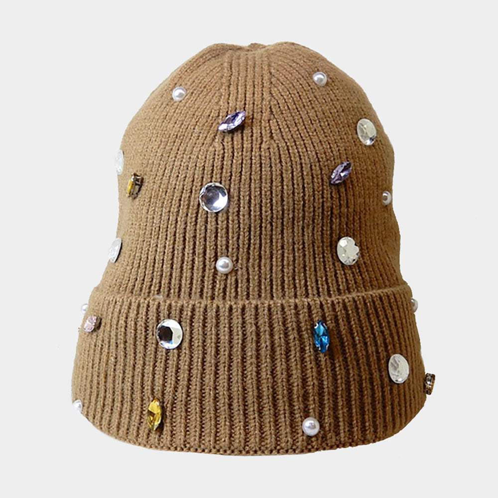 Pearl Jewel Embellished Fleece Lining Knit Beanie Hat - Madeline Love - Flyclothing LLC