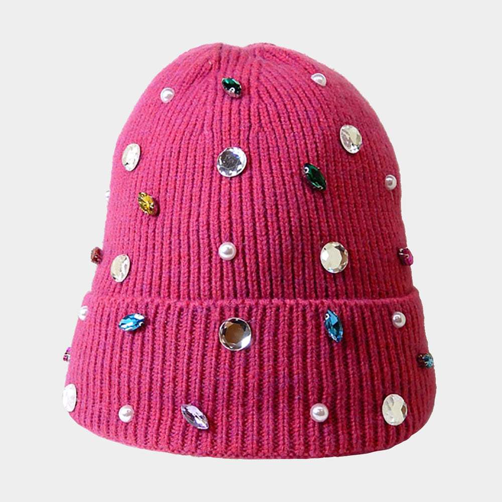 Pearl Jewel Embellished Fleece Lining Knit Beanie Hat - Madeline Love - Flyclothing LLC
