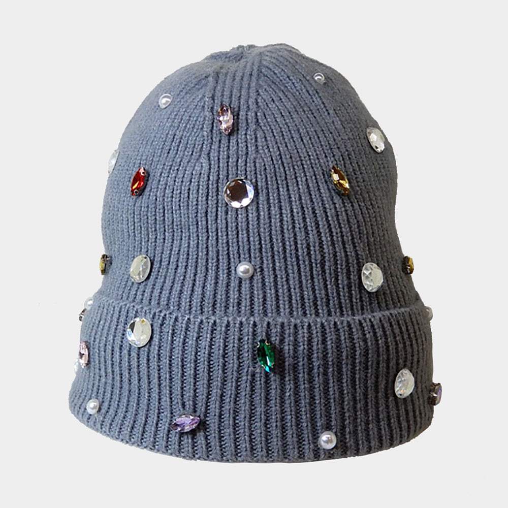 Pearl Jewel Embellished Fleece Lining Knit Beanie Hat - Madeline Love - Flyclothing LLC