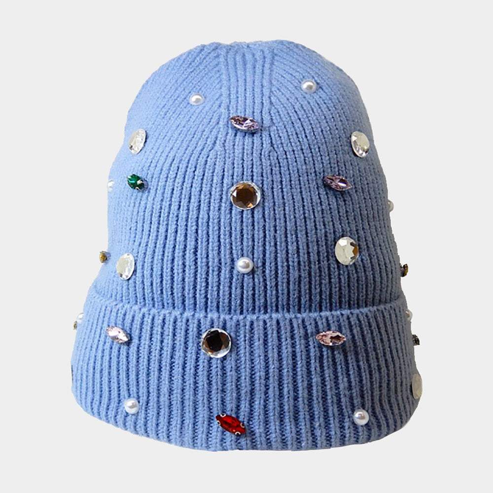 Pearl Jewel Embellished Fleece Lining Knit Beanie Hat - Madeline Love - Flyclothing LLC