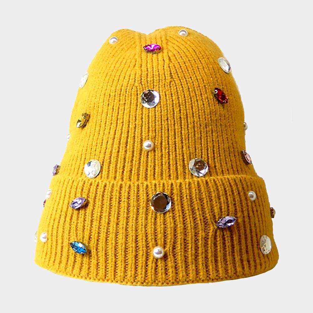 Pearl Jewel Embellished Fleece Lining Knit Beanie Hat - Madeline Love - Flyclothing LLC