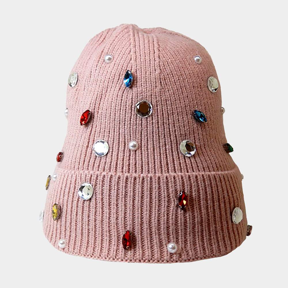 Pearl Jewel Embellished Fleece Lining Knit Beanie Hat - Madeline Love - Flyclothing LLC
