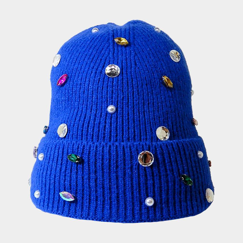Pearl Jewel Embellished Fleece Lining Knit Beanie Hat - Madeline Love - Flyclothing LLC