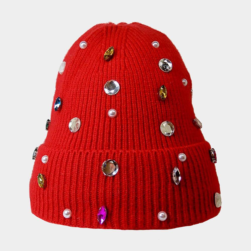 Pearl Jewel Embellished Fleece Lining Knit Beanie Hat - Madeline Love - Flyclothing LLC