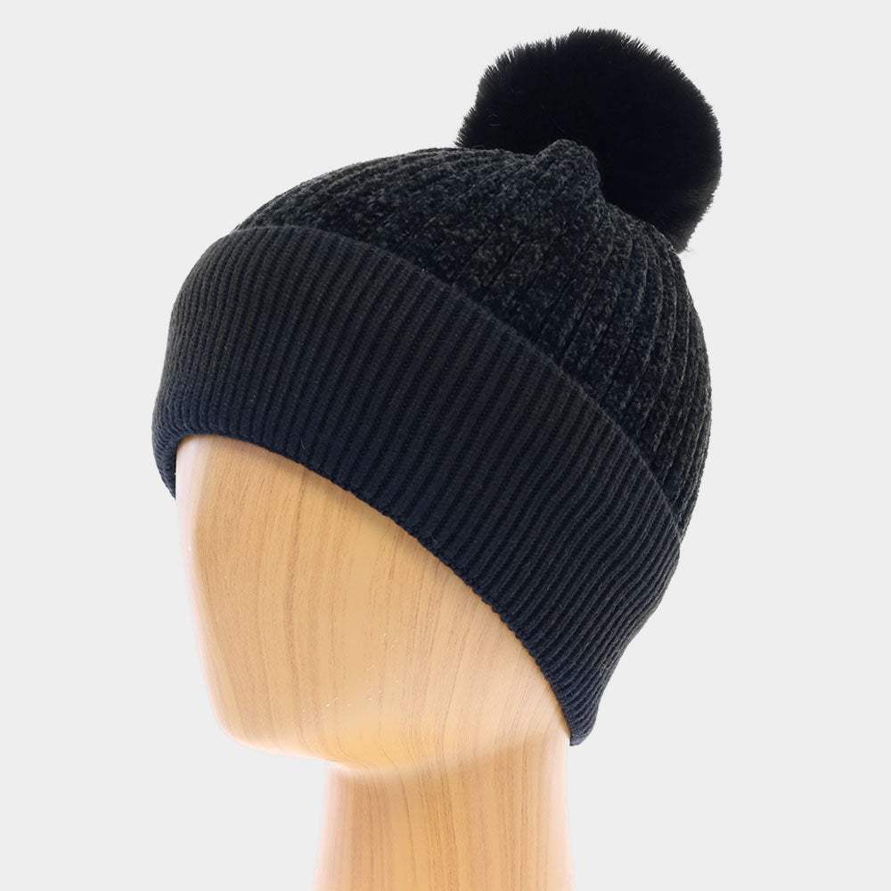 Solid Knit Faux Fur Pom Pom Beanie Hat - Madeline Love - Flyclothing LLC
