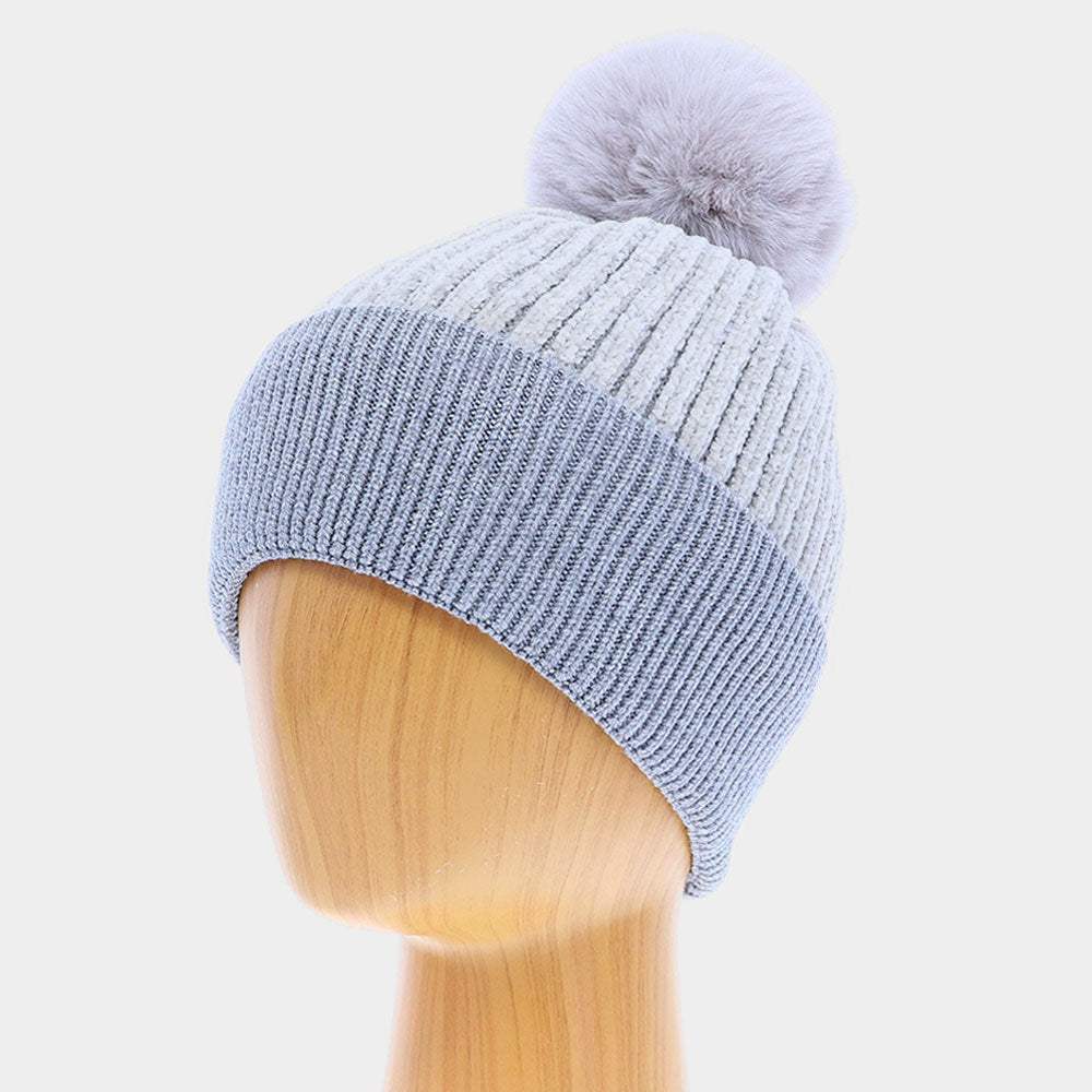Solid Knit Faux Fur Pom Pom Beanie Hat - Madeline Love - Flyclothing LLC