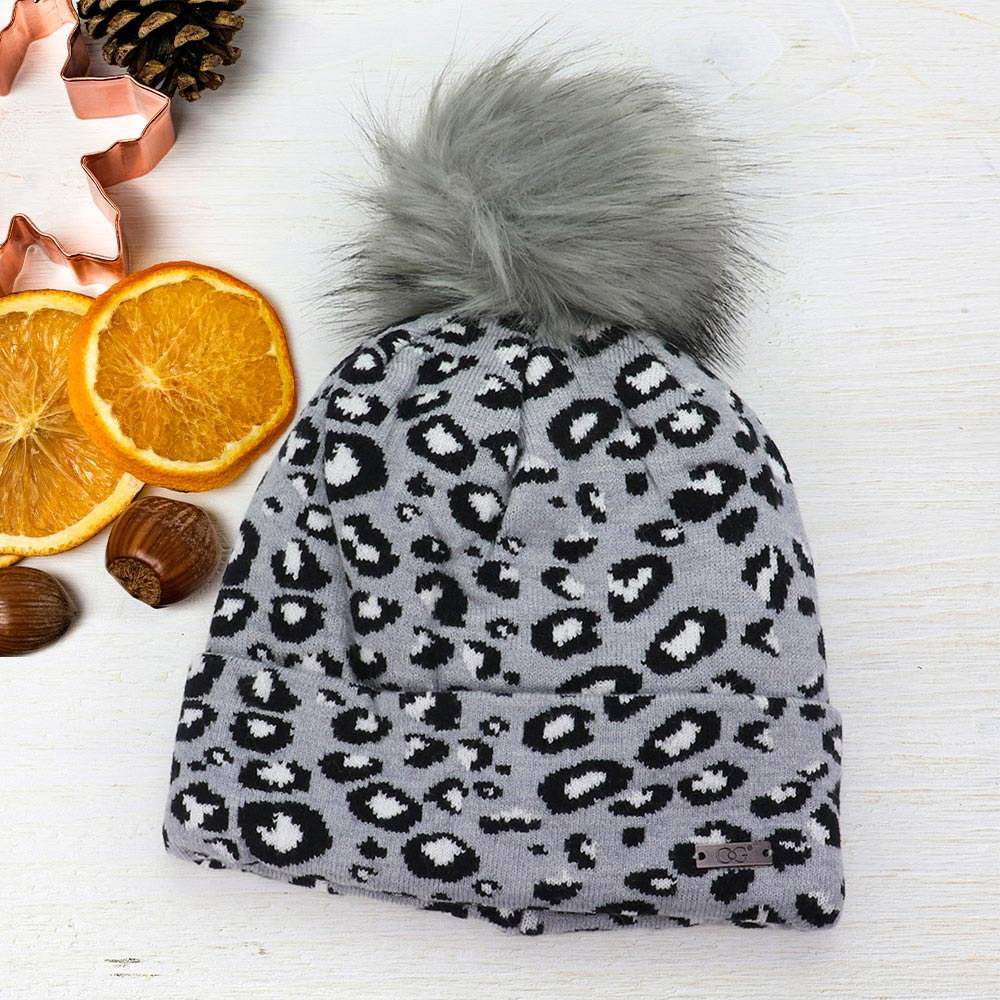 Cheetah Print Double Layered Pom Pom Beanie Hat - Madeline Love - Flyclothing LLC
