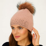 Rhinestone Ribbed Knit Real Fur Pom Winter Beanie Hat - Madeline Love - Flyclothing LLC