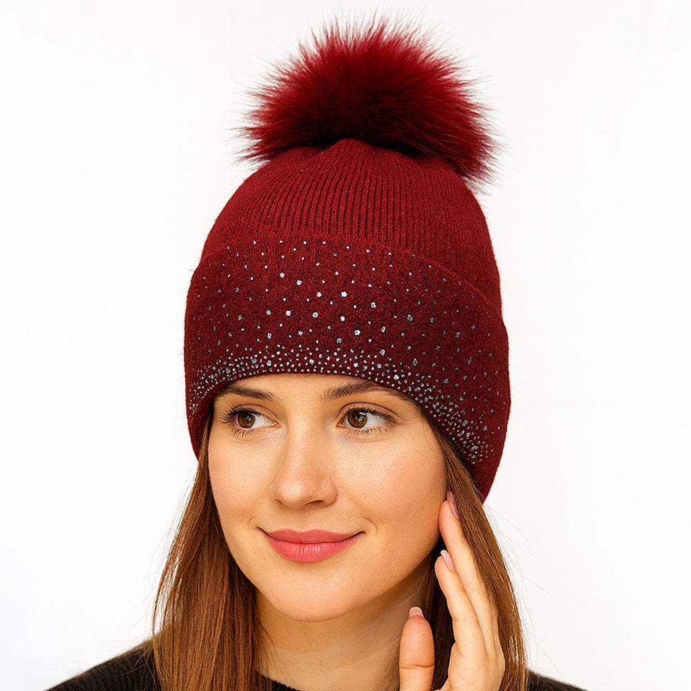 Rhinestone Ribbed Knit Real Fur Pom Winter Beanie Hat - Madeline Love - Flyclothing LLC