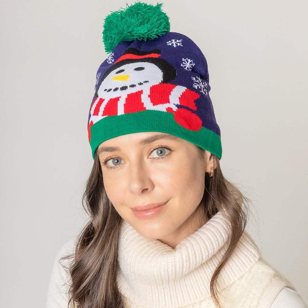 Snowman Snowflake Pom Pom Beanie Hat - Madeline Love - Flyclothing LLC