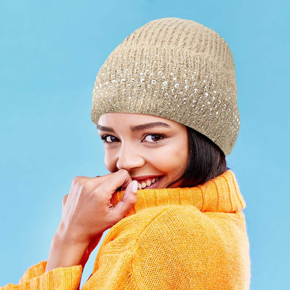 Fleece Lining Rhinestone Embellished Beanie Hat - Madeline Love - Flyclothing LLC