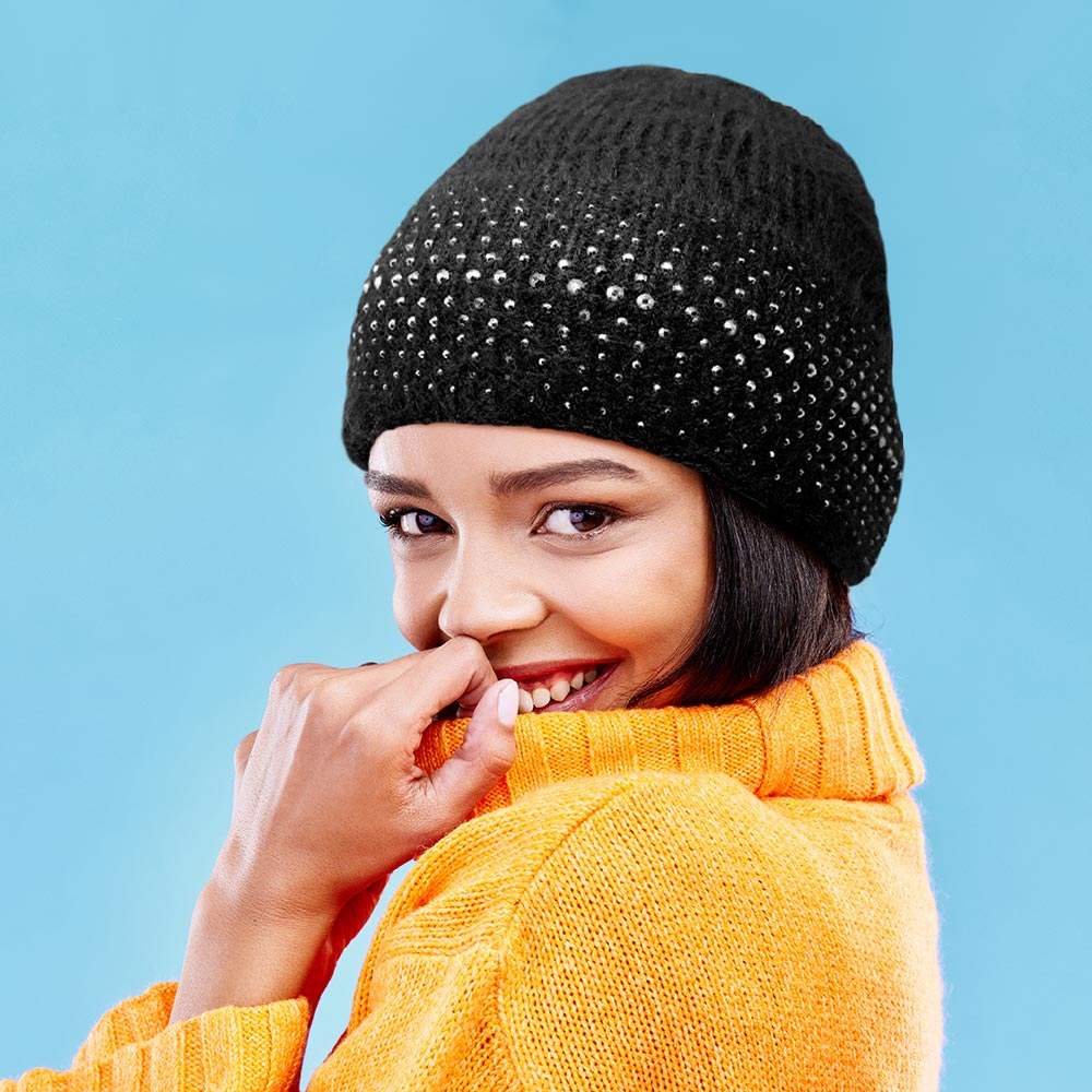 Fleece Lining Rhinestone Embellished Beanie Hat - Madeline Love - Flyclothing LLC