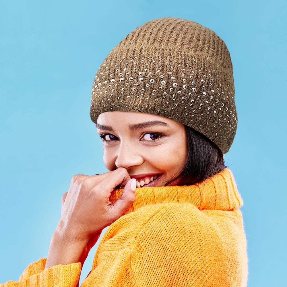 Fleece Lining Rhinestone Embellished Beanie Hat - Madeline Love - Flyclothing LLC