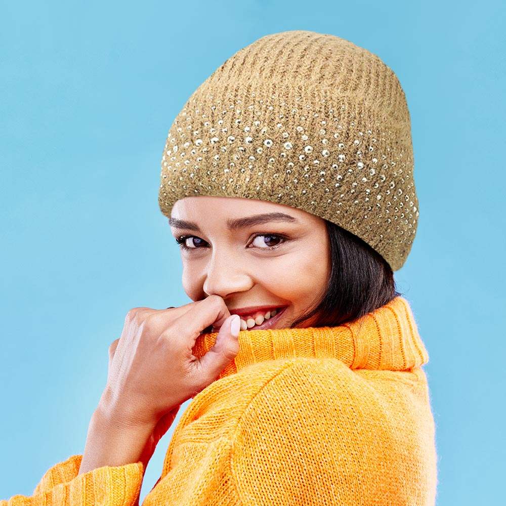 Fleece Lining Rhinestone Embellished Beanie Hat - Madeline Love - Flyclothing LLC