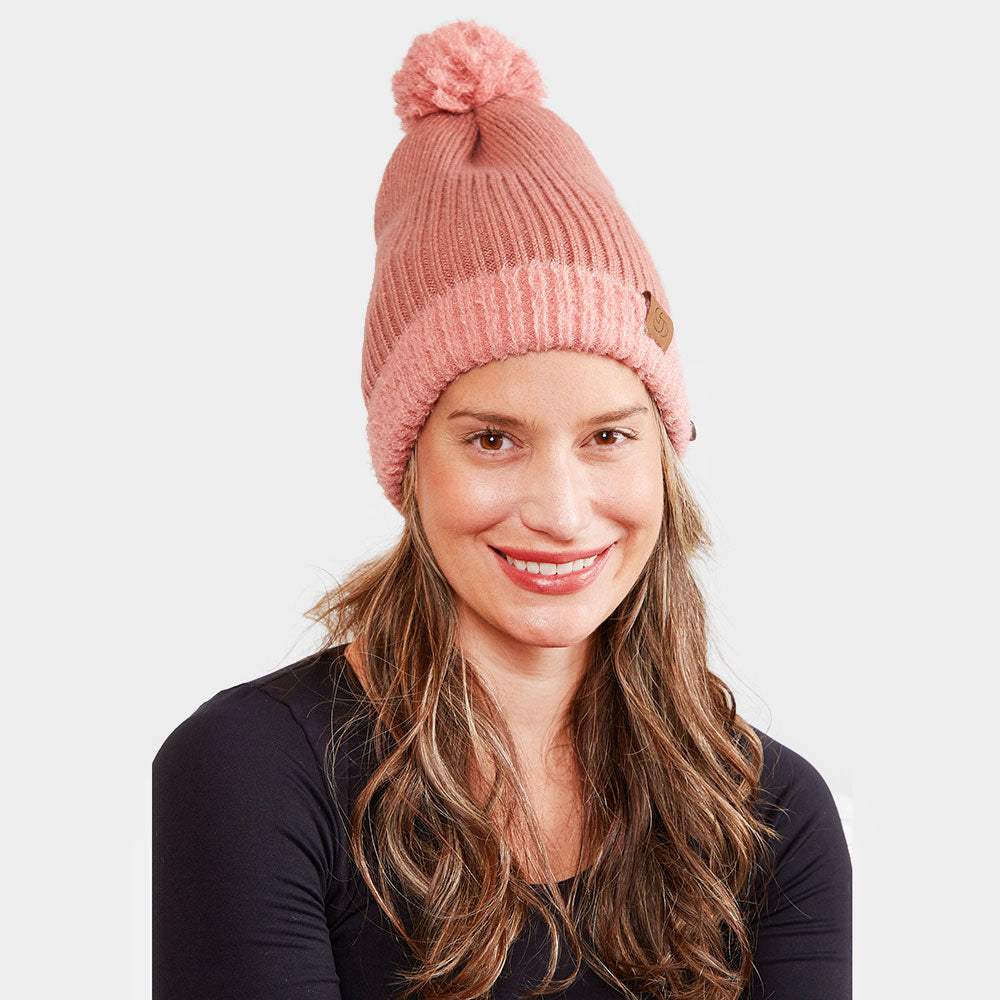 Face Mask Holder Button Cable Knit Pom Pom Beanie Hat - Madeline Love - Flyclothing LLC