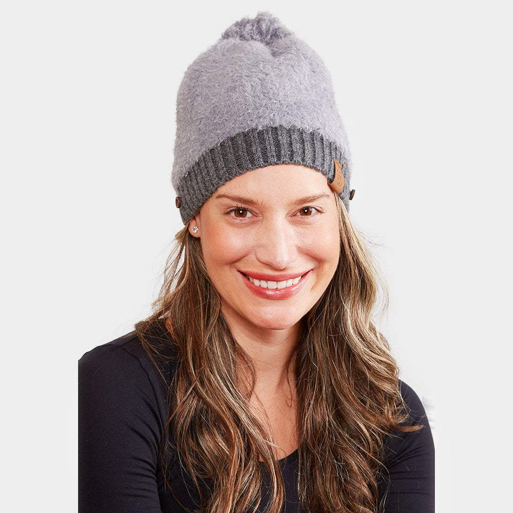 Face Mask Holder Button Cable Knit Pom Pom Beanie Hat - Madeline Love - Flyclothing LLC