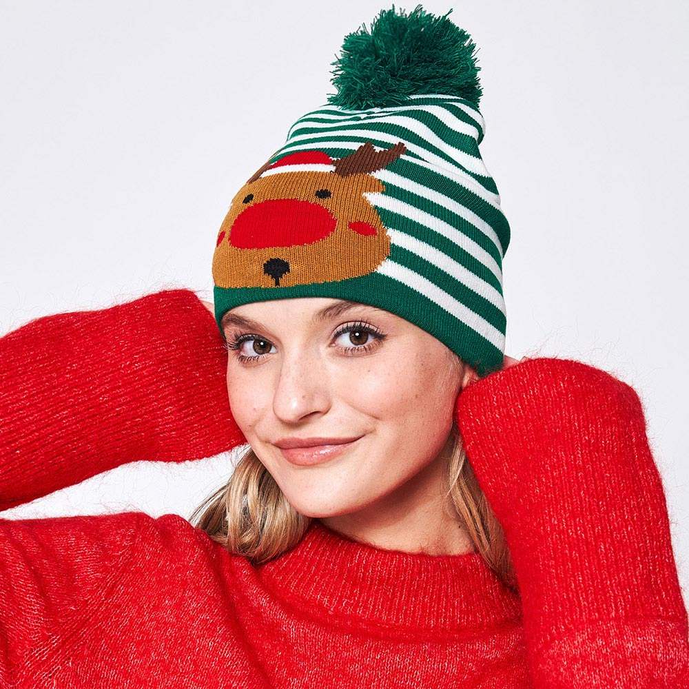 Striped Rudolph Pom Pom Beanie Hat - Madeline Love - Flyclothing LLC