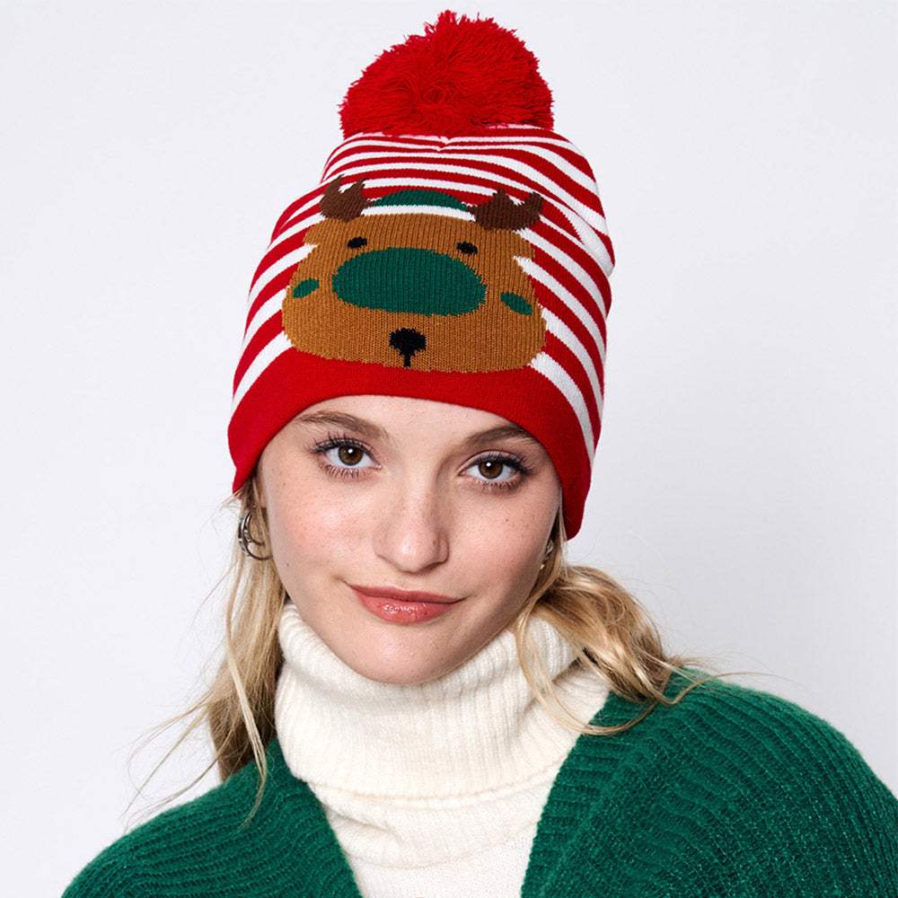Striped Rudolph Pom Pom Beanie Hat - Madeline Love - Flyclothing LLC