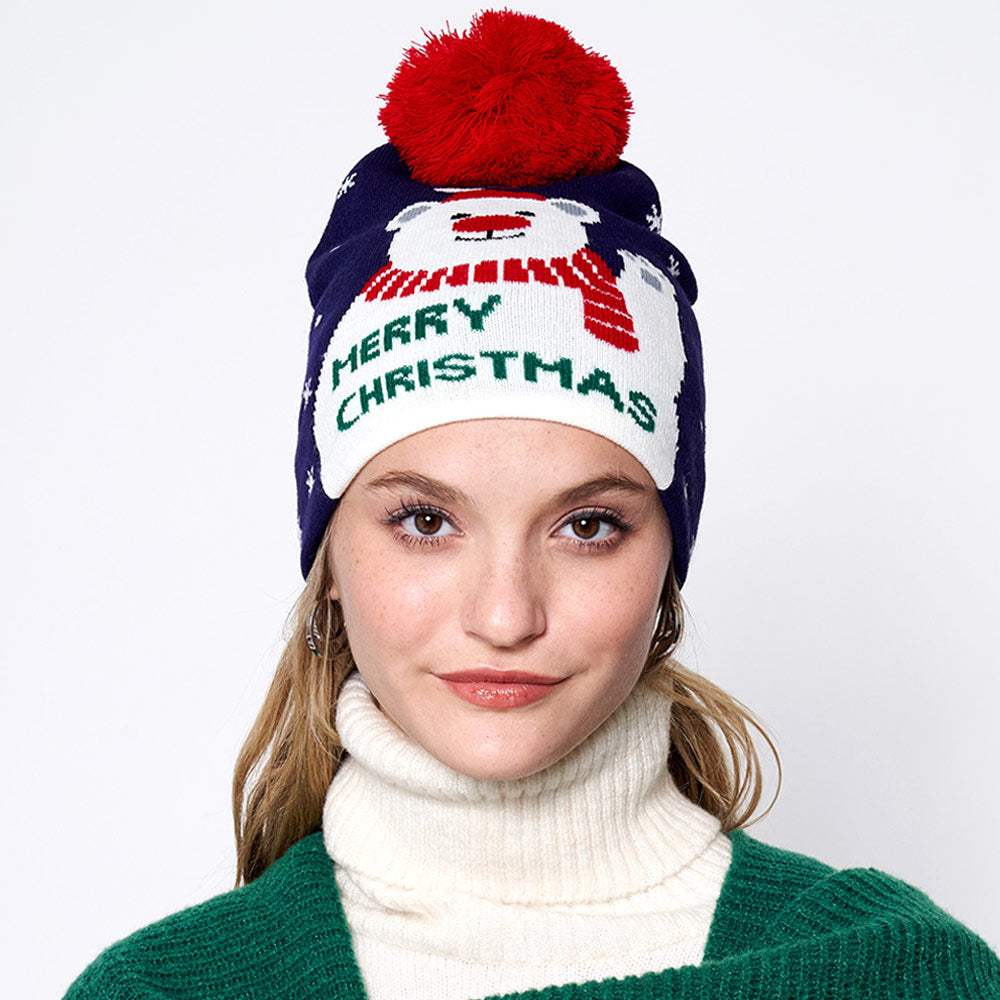 Merry Christmas Message Polar Bear Pom Pom Beanie Hat - Madeline Love - Flyclothing LLC