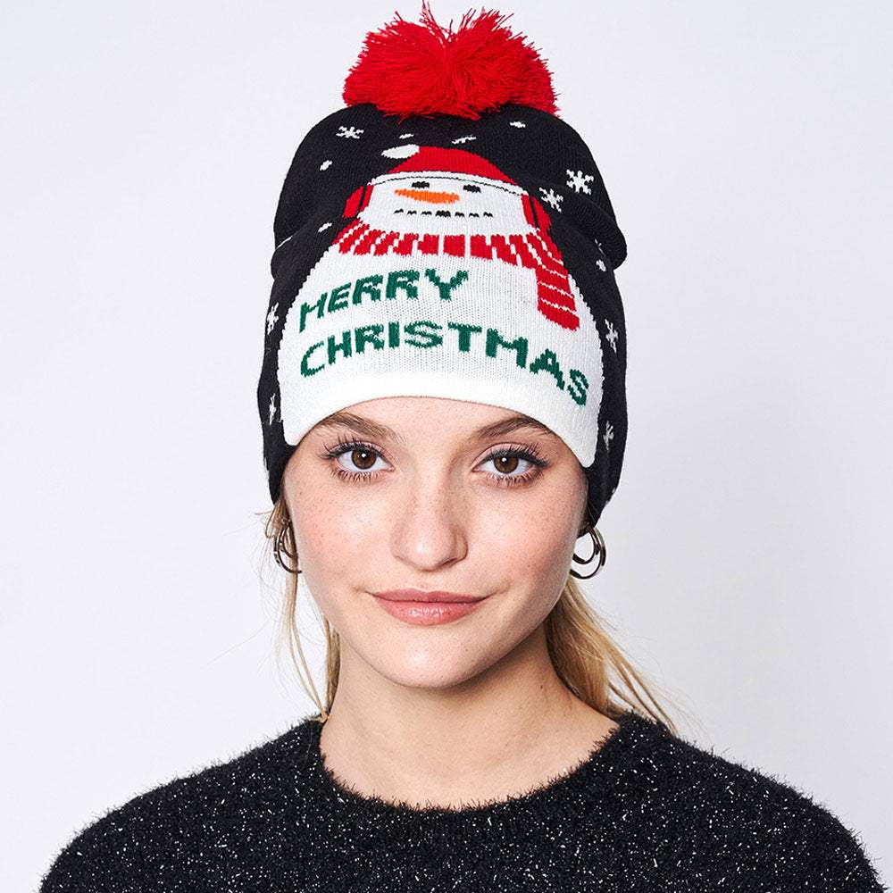 Merry Christmas Message Snowman Pom Pom Beanie Hat - Madeline Love - Flyclothing LLC
