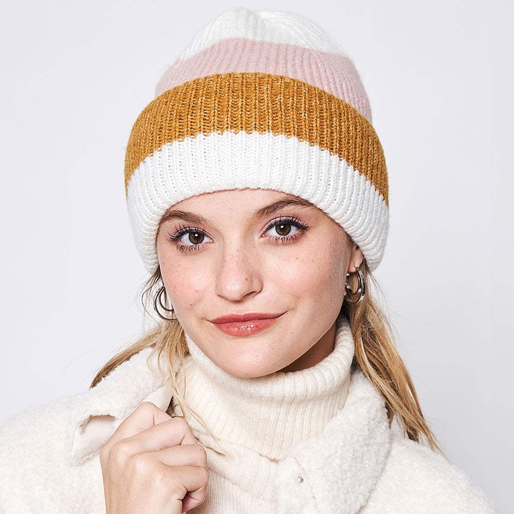 Striped Ribbed Beanie Hat - Madeline Love - Flyclothing LLC