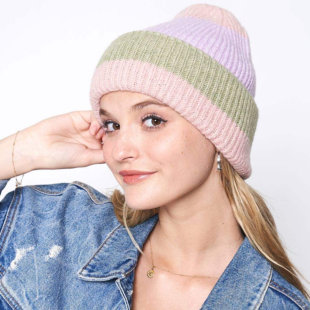 Striped Ribbed Beanie Hat - Madeline Love - Flyclothing LLC