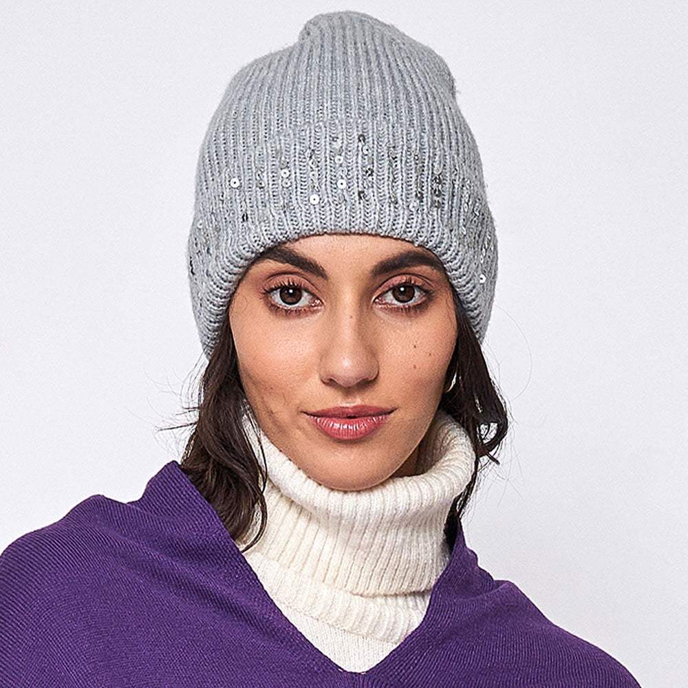 Solid Ribbed Sequin Cuff Beanie Hat - Madeline Love - Flyclothing LLC
