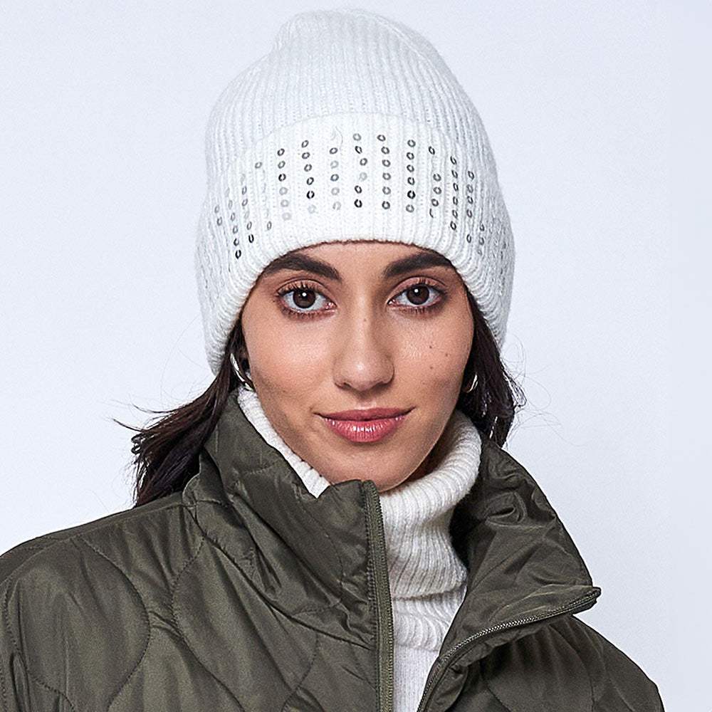 Solid Ribbed Sequin Cuff Beanie Hat - Madeline Love - Flyclothing LLC