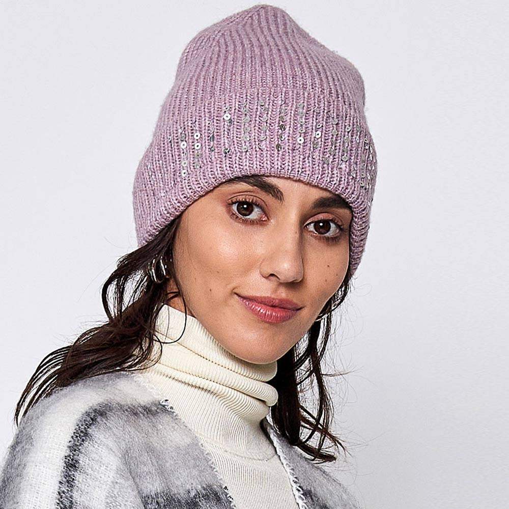 Solid Ribbed Sequin Cuff Beanie Hat - Madeline Love - Flyclothing LLC
