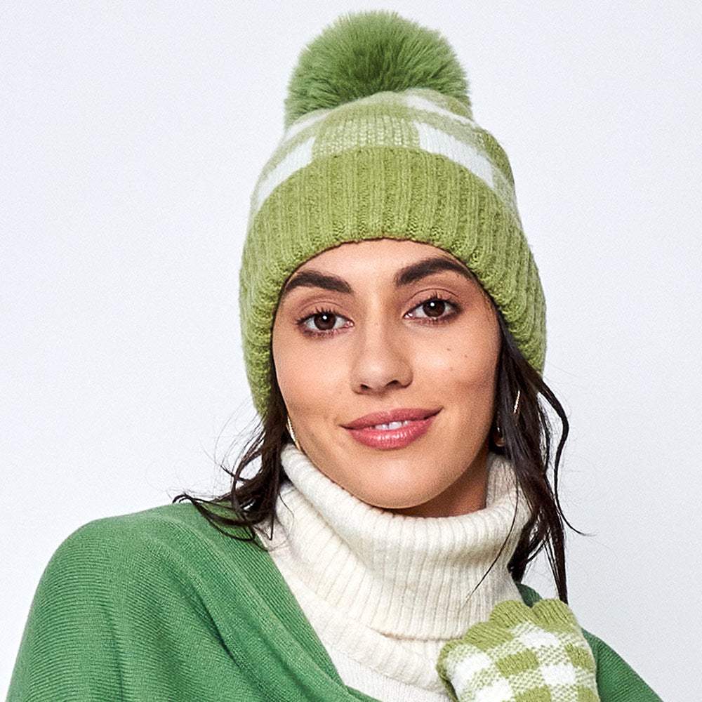 Buffalo Check Patterned Faux Fur Pom Pom Beanie Hat - Madeline Love - Flyclothing LLC
