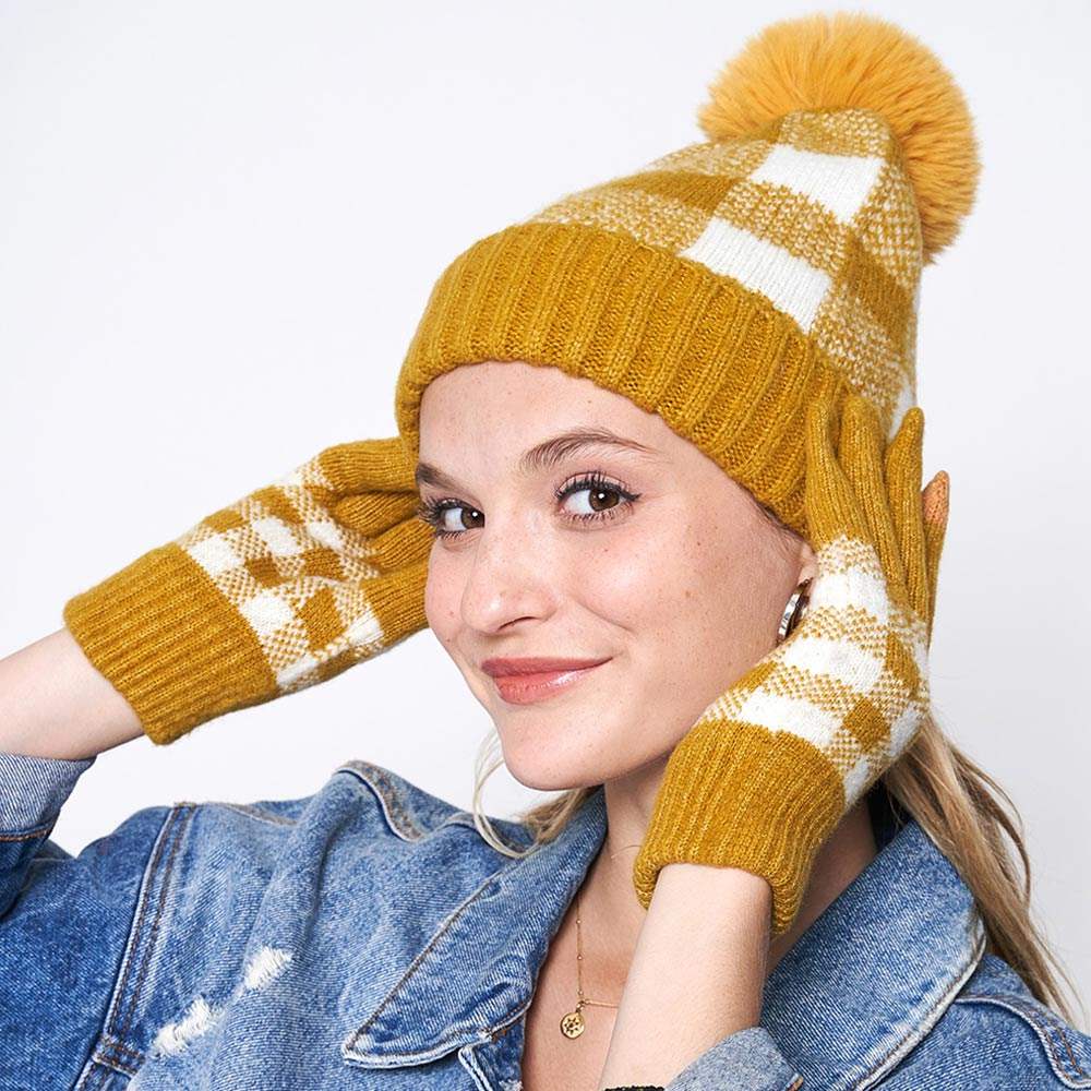 Buffalo Check Patterned Faux Fur Pom Pom Beanie Hat - Madeline Love - Flyclothing LLC