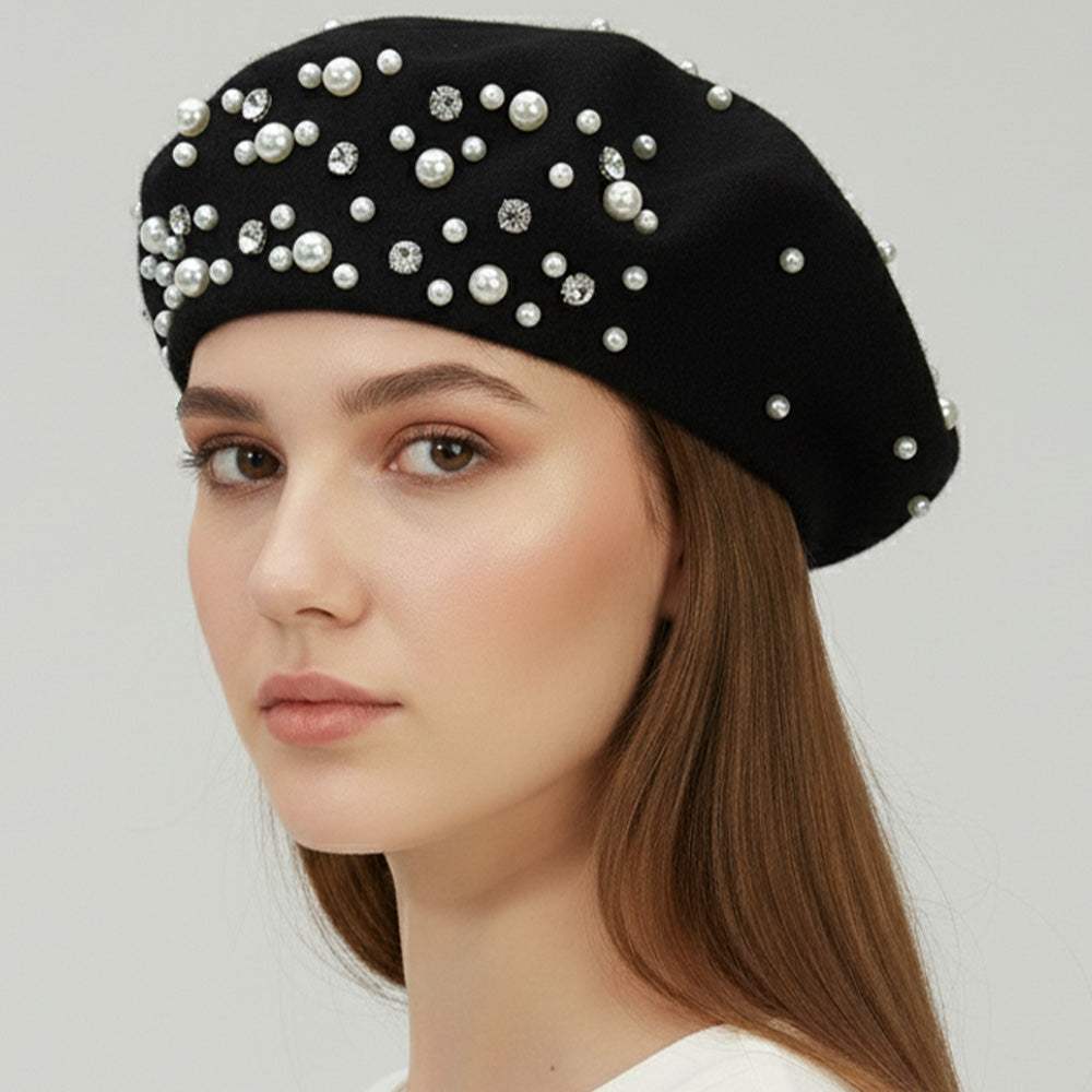 Pearl Rhinestone Embellished Winter Beret Hat - Madeline Love - Flyclothing LLC