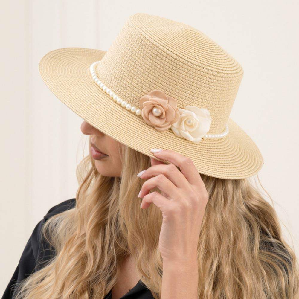 Double Flower Accent Pearl Band Straw Sun Hat - Madeline Love - Flyclothing LLC