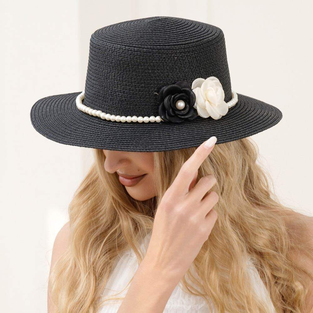 Double Flower Accent Pearl Band Straw Sun Hat - Madeline Love - Flyclothing LLC