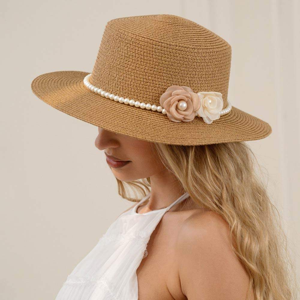 Double Flower Accent Pearl Band Straw Sun Hat - Madeline Love - Flyclothing LLC