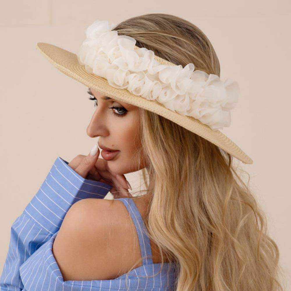 Floral Trim Open Top Wide Brim Straw Sun Hat - Madeline Love - Flyclothing LLC