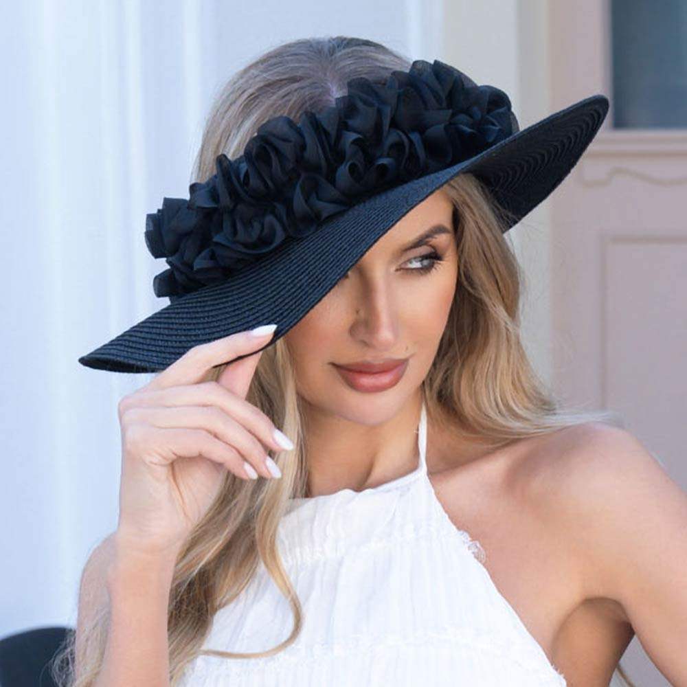 Floral Trim Open Top Wide Brim Straw Sun Hat - Madeline Love - Flyclothing LLC
