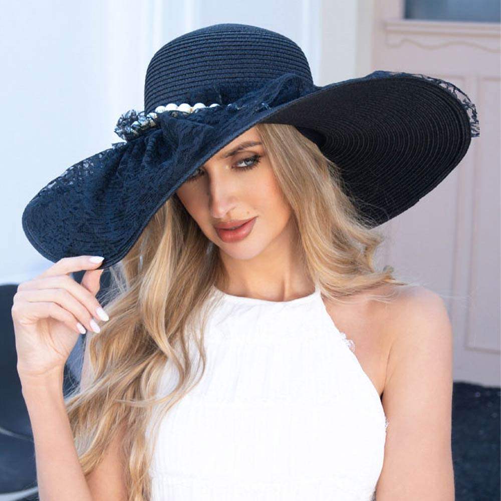 Pearl Trim Lace Wide Brim Straw Sun Hat - Madeline Love - Flyclothing LLC